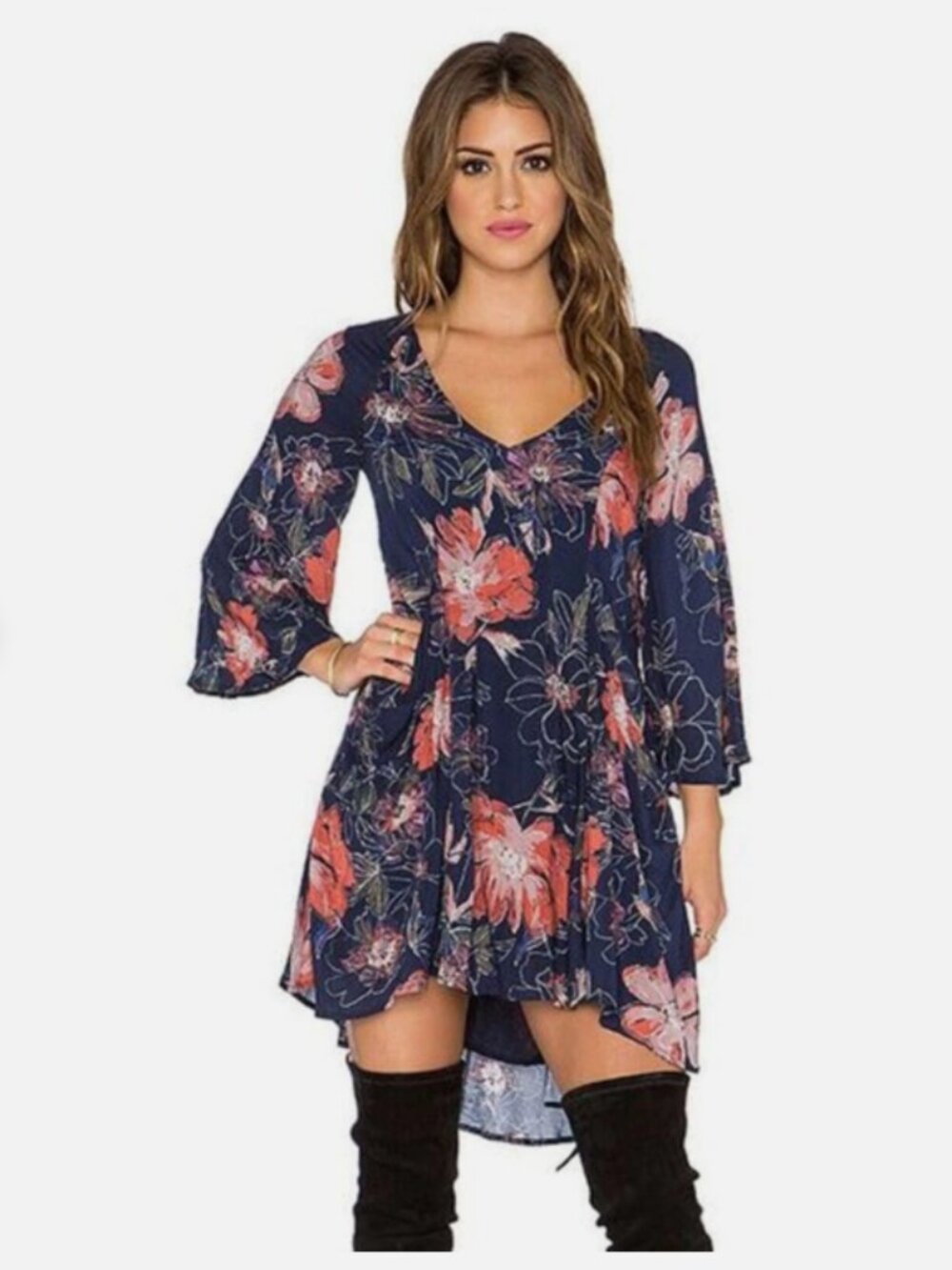 Free People Eyes On You Blue Floral Lace V-Neck Mini Dress Pockets
